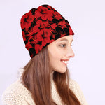 Black And Red Hibiscus Pattern Print Beanie