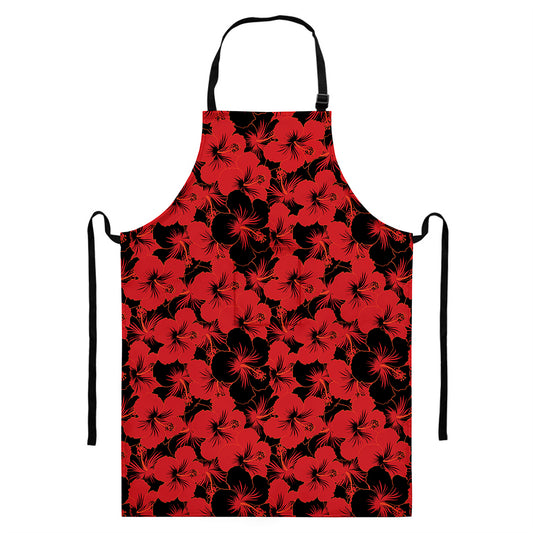 Black And Red Hibiscus Pattern Print Bib Apron With Pocket