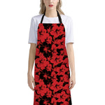 Black And Red Hibiscus Pattern Print Bib Apron With Pocket