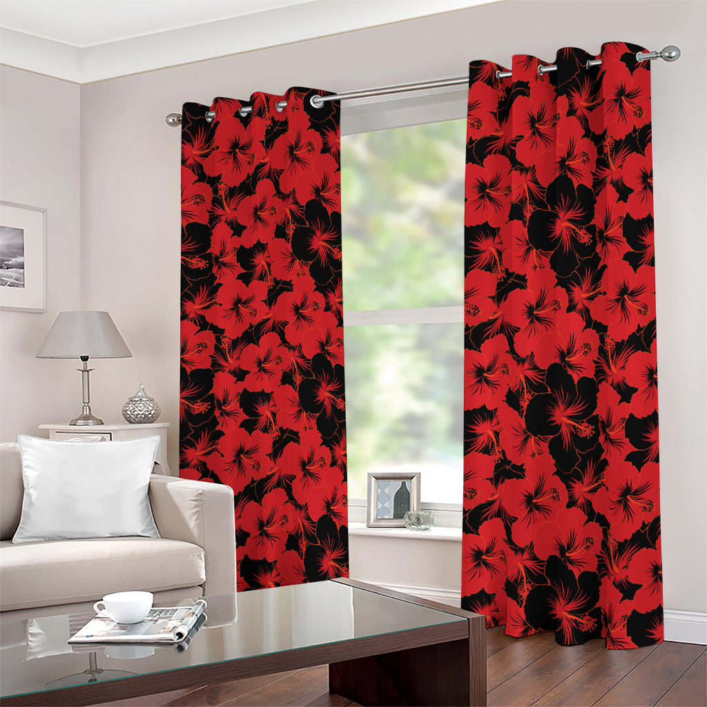 Black And Red Hibiscus Pattern Print Blackout Grommet Curtains