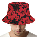 Black And Red Hibiscus Pattern Print Bucket Hat