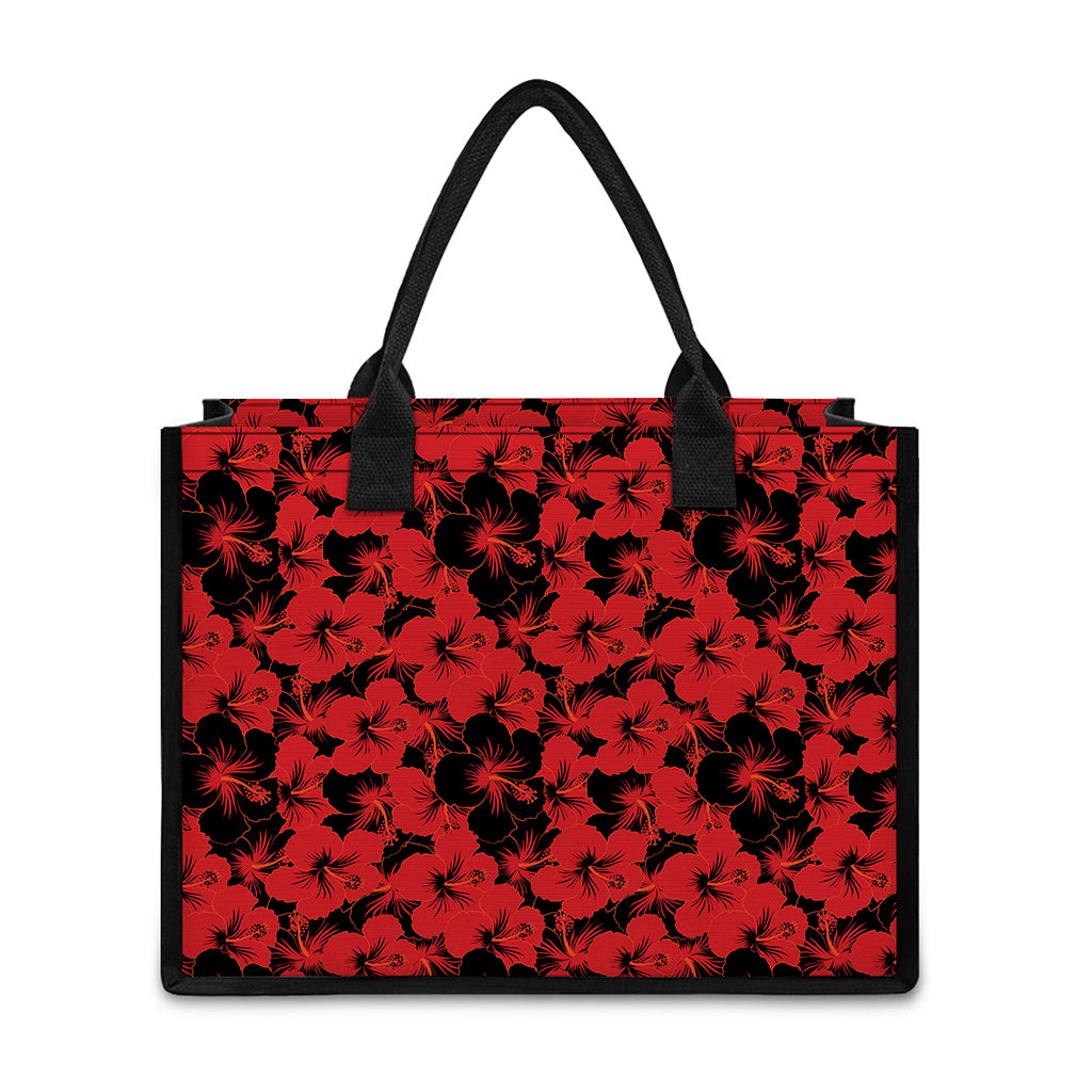 Black And Red Hibiscus Pattern Print Canvas Tote Bag