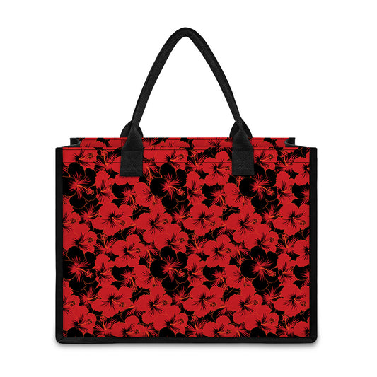 Black And Red Hibiscus Pattern Print Canvas Tote Bag