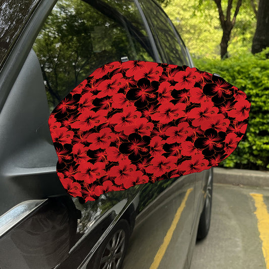 Black And Red Hibiscus Pattern Print Car Side Mirror Covers