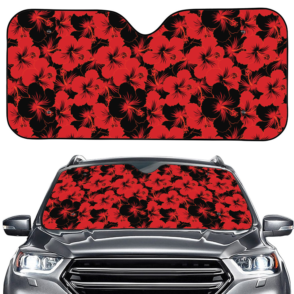 Black And Red Hibiscus Pattern Print Car Windshield Sun Shade