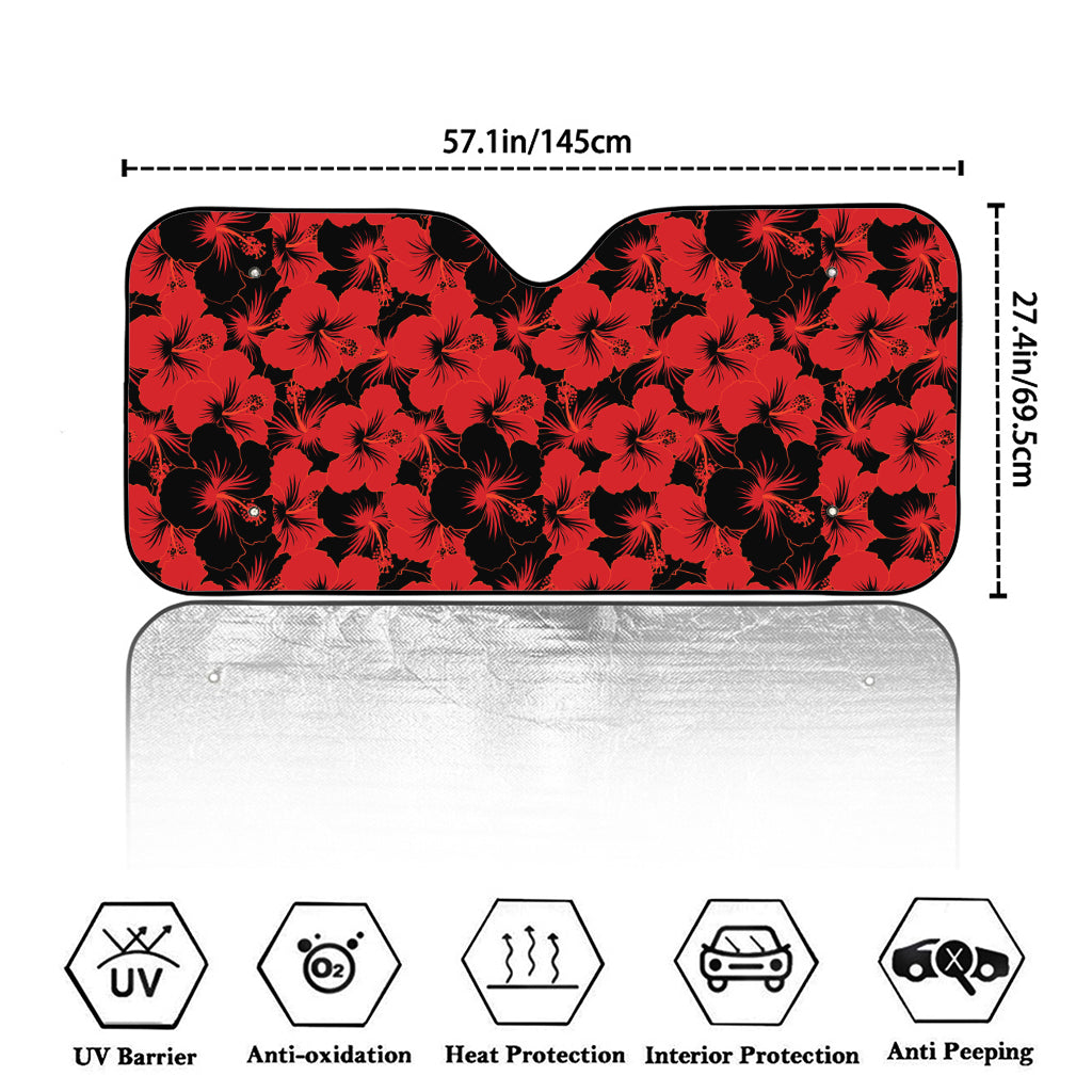 Black And Red Hibiscus Pattern Print Car Windshield Sun Shade