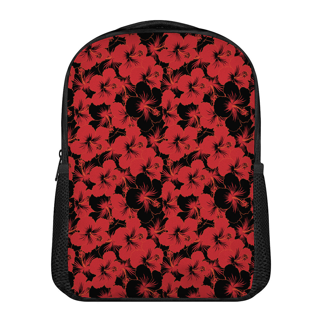 Black And Red Hibiscus Pattern Print Casual Backpack