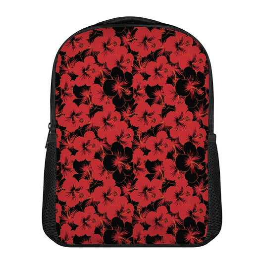 Black And Red Hibiscus Pattern Print Casual Backpack