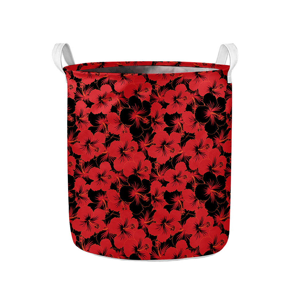 Black And Red Hibiscus Pattern Print Collapsible Laundry Basket
