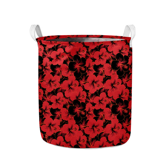Black And Red Hibiscus Pattern Print Collapsible Laundry Basket
