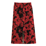 Black And Red Hibiscus Pattern Print Cotton Front Slit Maxi Skirt