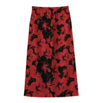 Black And Red Hibiscus Pattern Print Cotton Front Slit Maxi Skirt