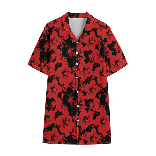 Black And Red Hibiscus Pattern Print Cotton Hawaiian Shirt