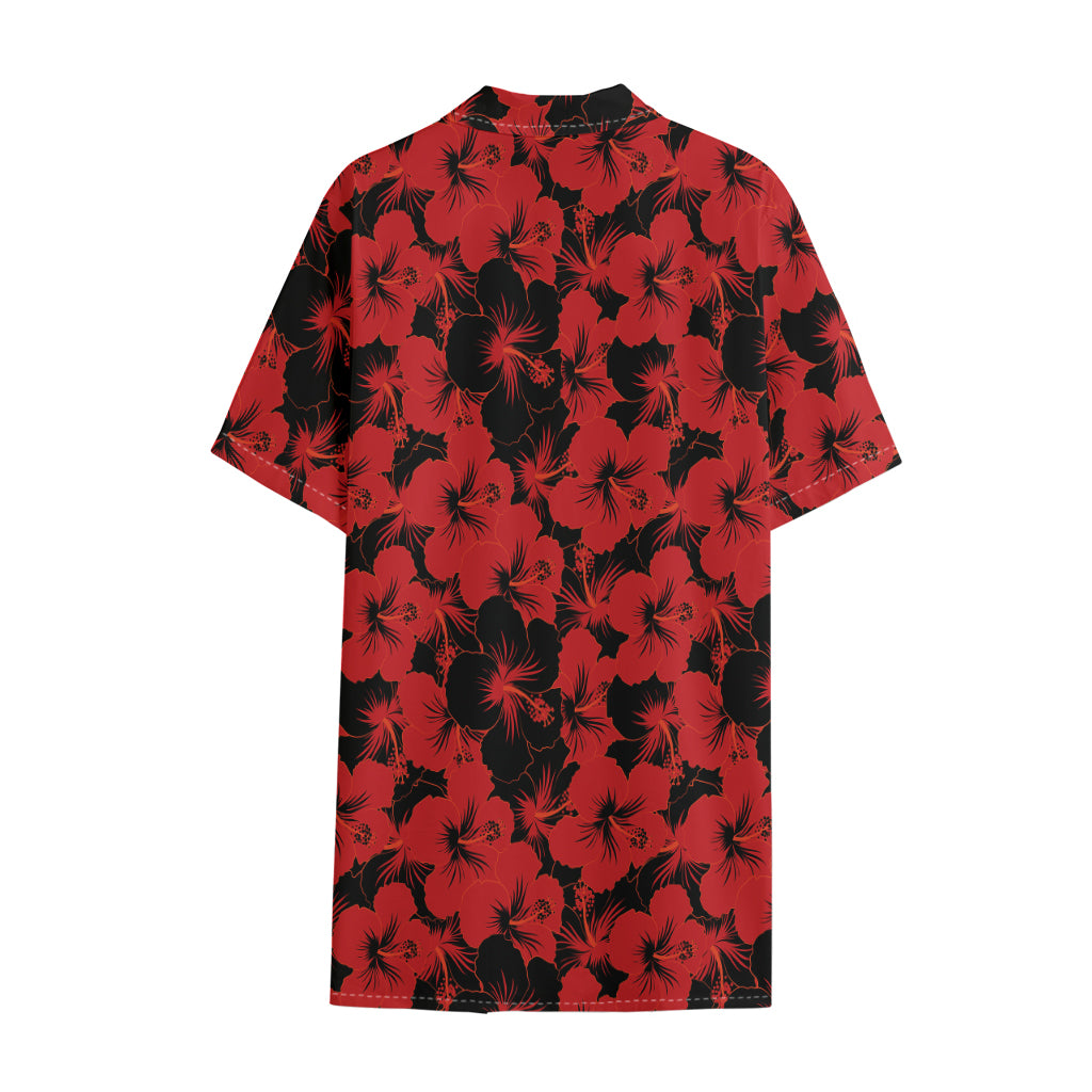 Black And Red Hibiscus Pattern Print Cotton Hawaiian Shirt