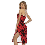 Black And Red Hibiscus Pattern Print Cross Back Cami Dress