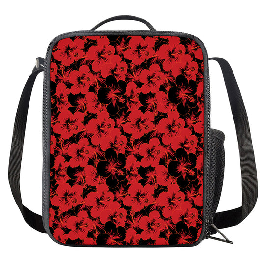 Black And Red Hibiscus Pattern Print Crossbody Lunch Bag