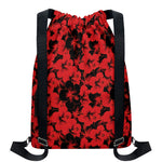 Black And Red Hibiscus Pattern Print Drawstring Backpack