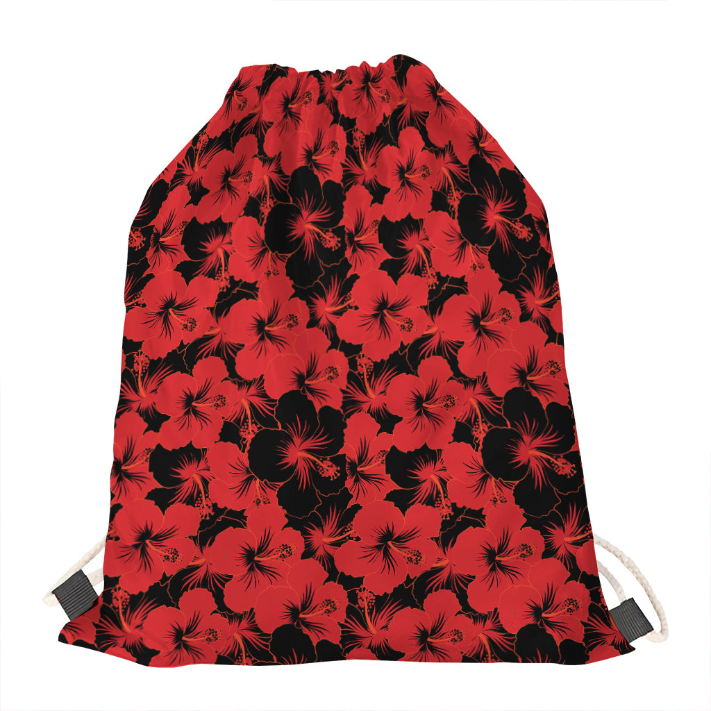 Black And Red Hibiscus Pattern Print Drawstring Bag