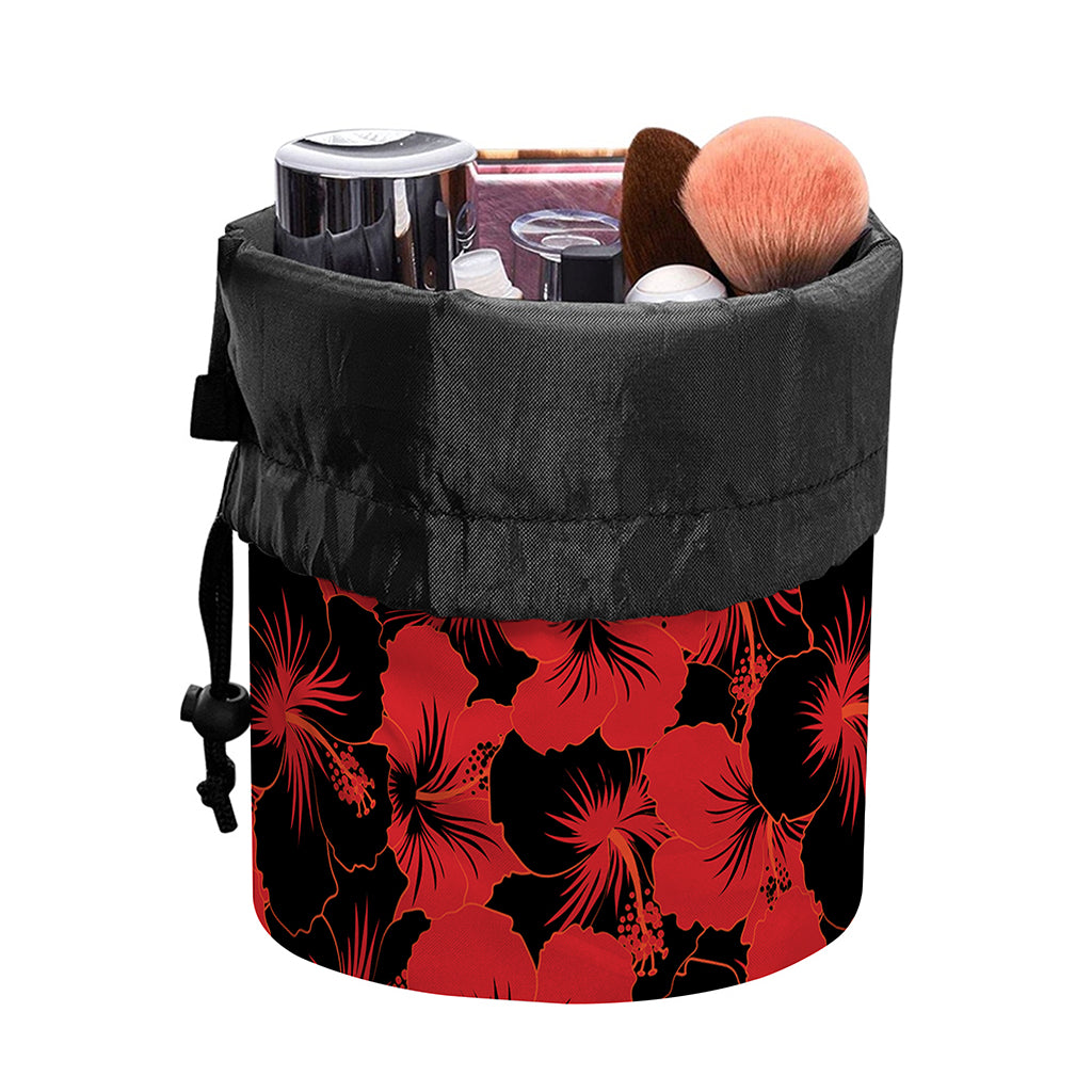 Black And Red Hibiscus Pattern Print Drawstring Makeup Bag
