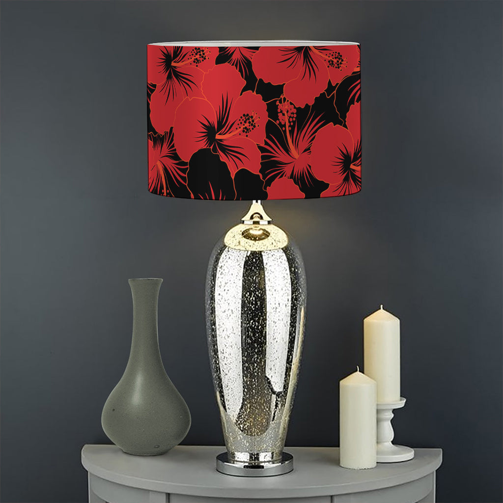 Black And Red Hibiscus Pattern Print Drum Lamp Shade