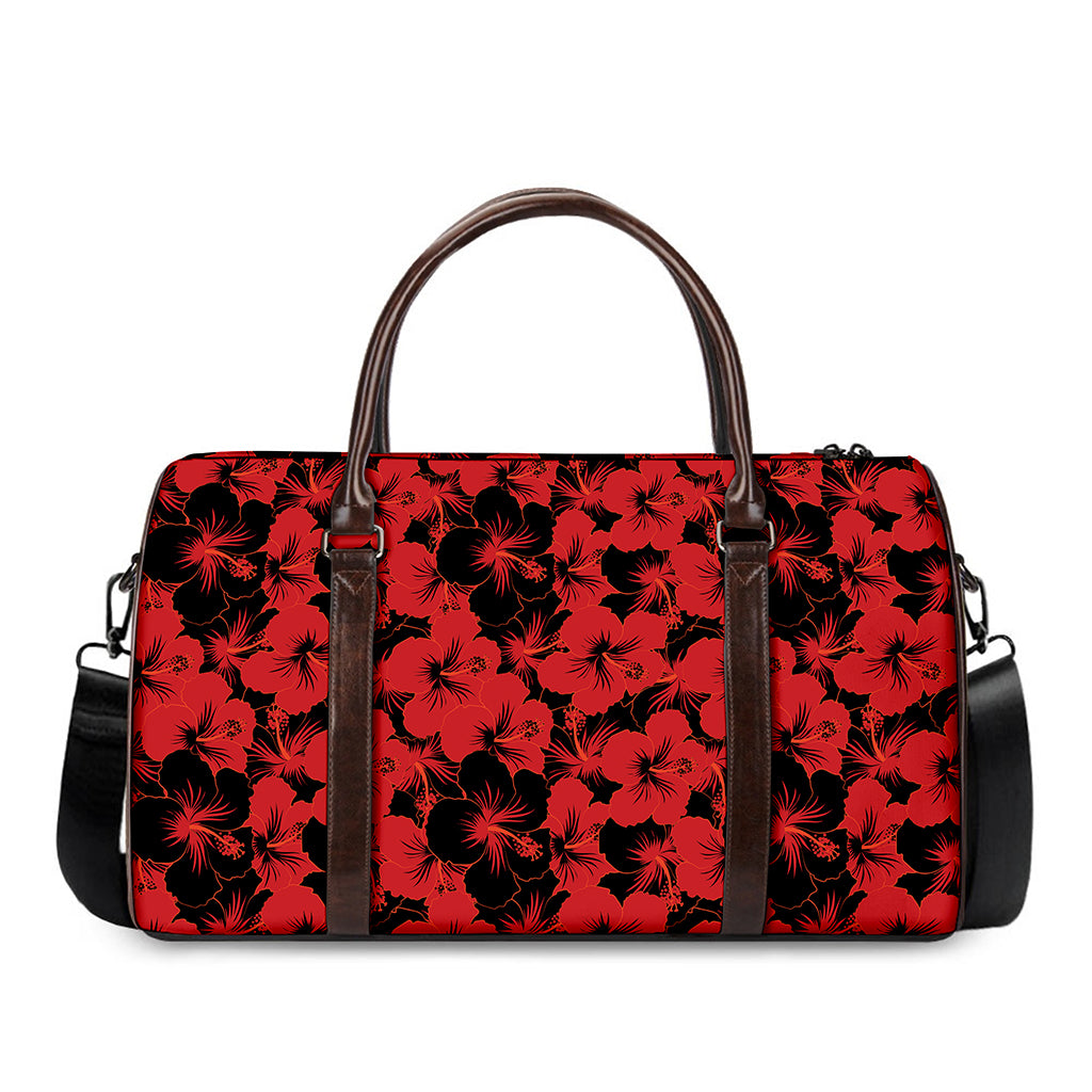Black And Red Hibiscus Pattern Print Duffle Bag