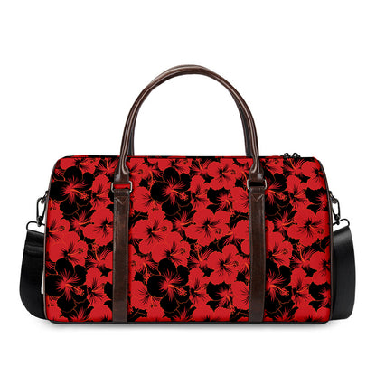 Black And Red Hibiscus Pattern Print Duffle Bag