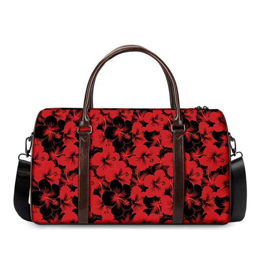 Black And Red Hibiscus Pattern Print Duffle Bag