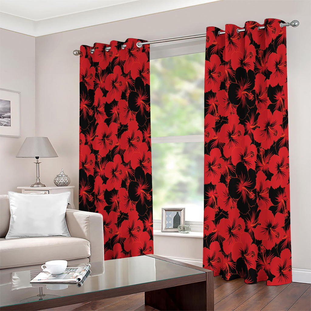 Black And Red Hibiscus Pattern Print Extra Wide Grommet Curtains