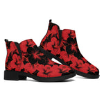 Black And Red Hibiscus Pattern Print Flat Ankle Boots