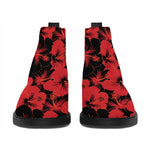 Black And Red Hibiscus Pattern Print Flat Ankle Boots