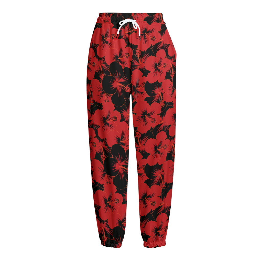 Black And Red Hibiscus Pattern Print Fleece Lined Knit Pants
