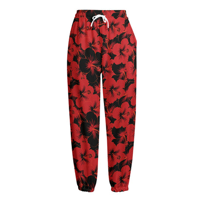 Black And Red Hibiscus Pattern Print Fleece Lined Knit Pants