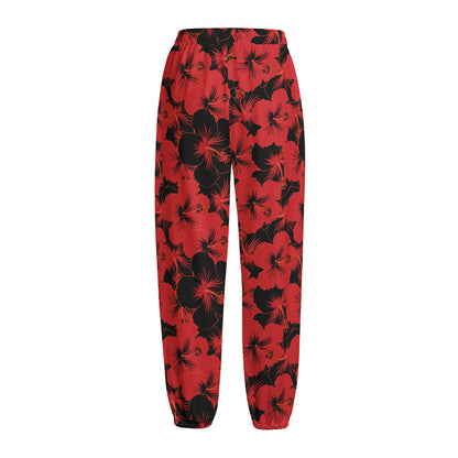 Black And Red Hibiscus Pattern Print Fleece Lined Knit Pants