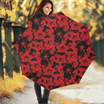Black And Red Hibiscus Pattern Print Foldable Umbrella