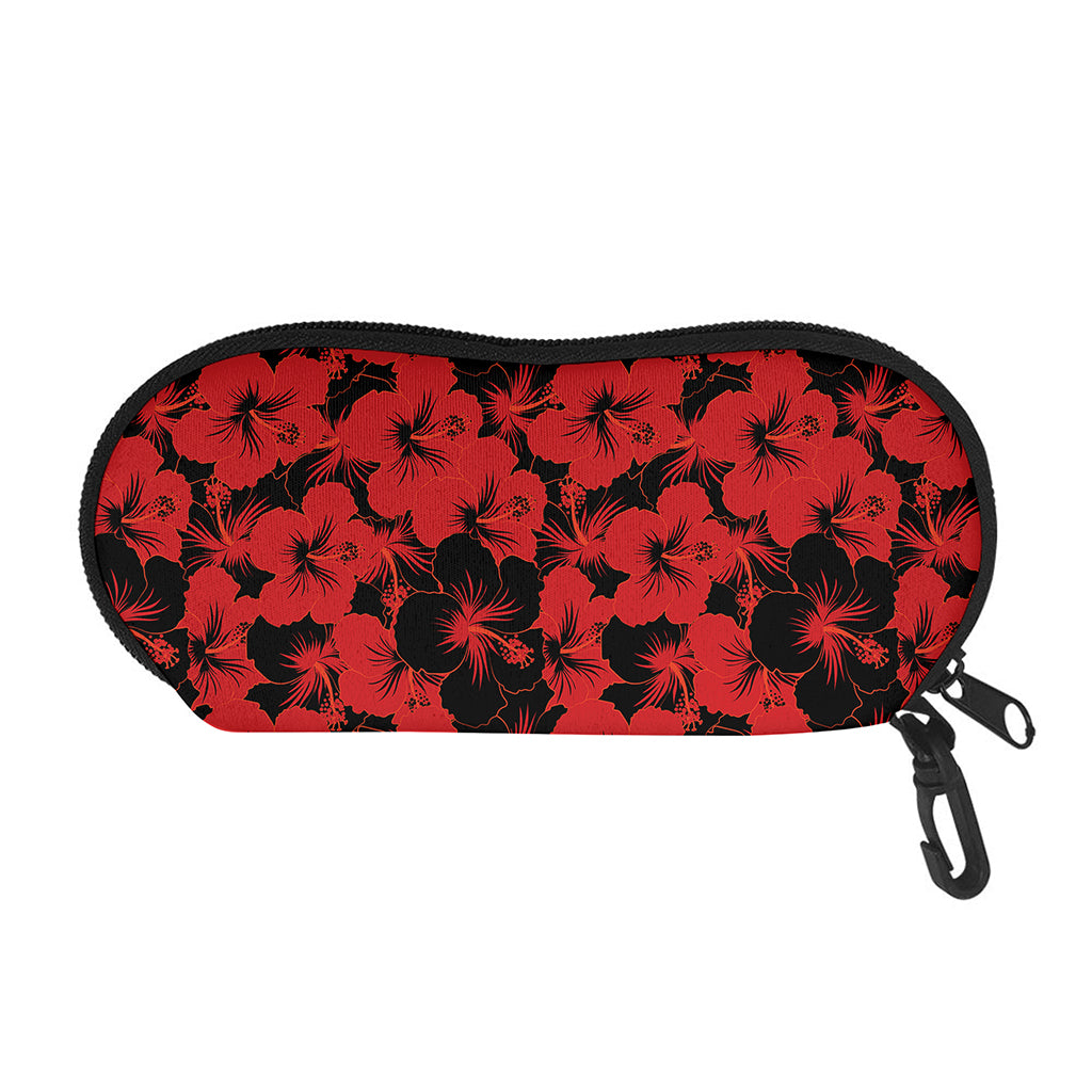 Black And Red Hibiscus Pattern Print Glasses Case