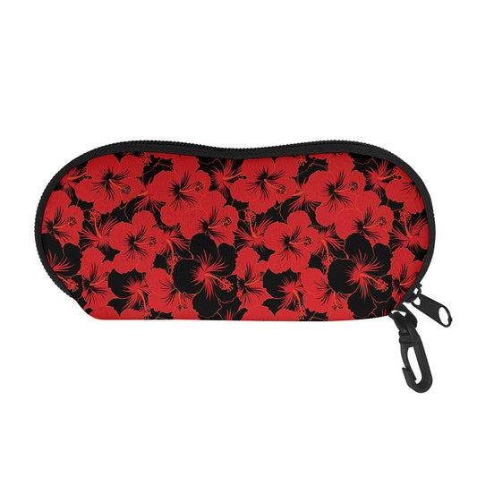 Black And Red Hibiscus Pattern Print Glasses Case