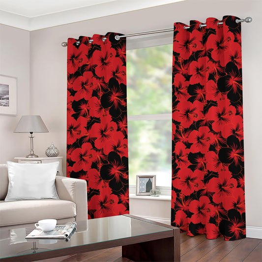 Black And Red Hibiscus Pattern Print Grommet Curtains