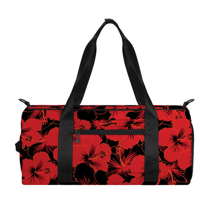 Black And Red Hibiscus Pattern Print Gym Bag