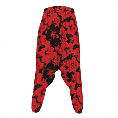Black And Red Hibiscus Pattern Print Hammer Pants