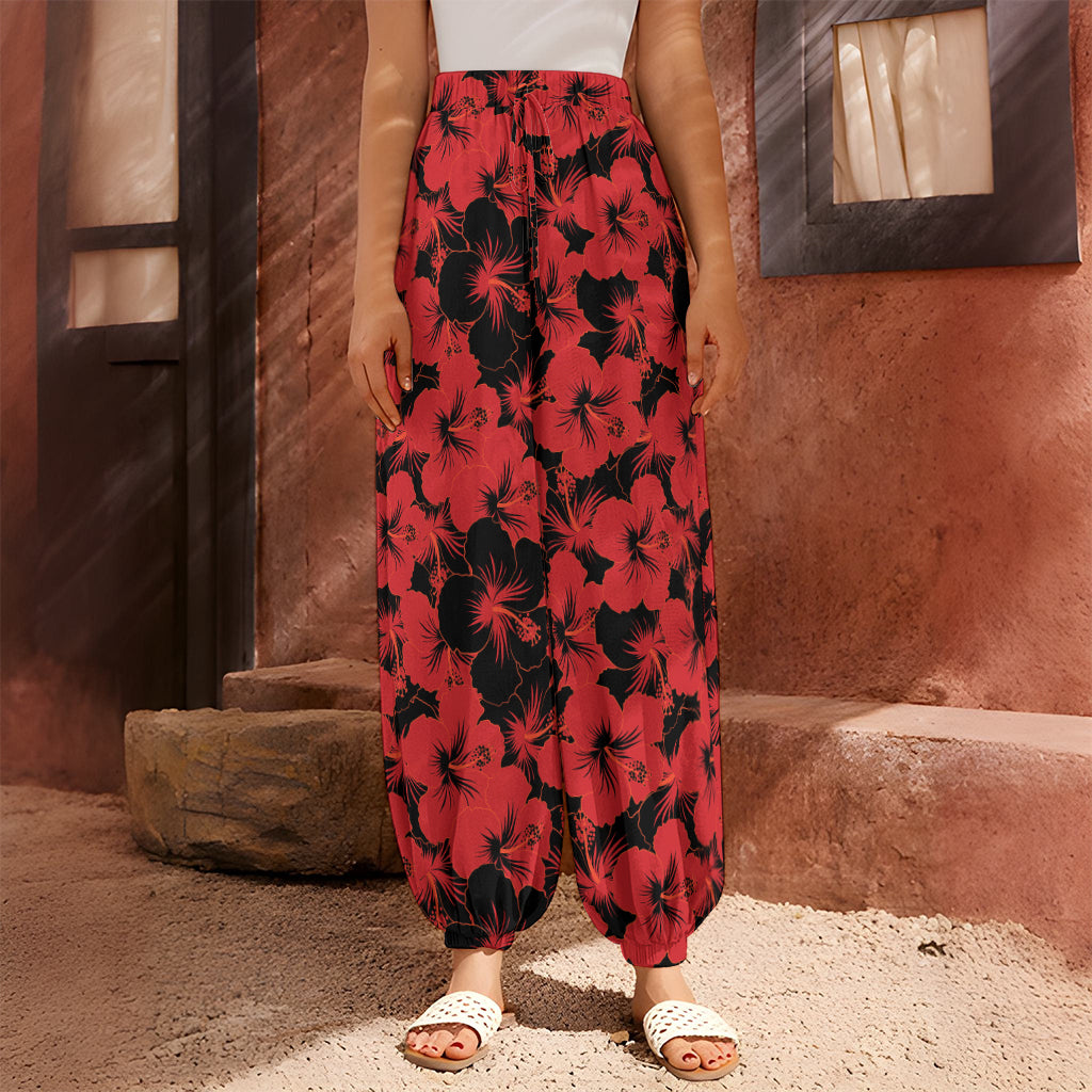 Black And Red Hibiscus Pattern Print Harem Pants