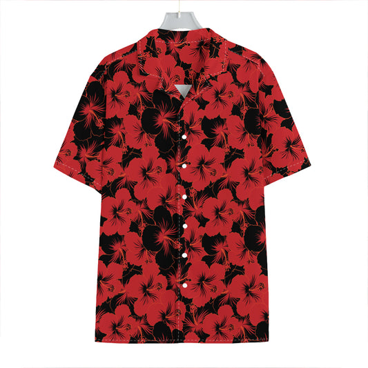 Black And Red Hibiscus Pattern Print Hawaiian Shirt