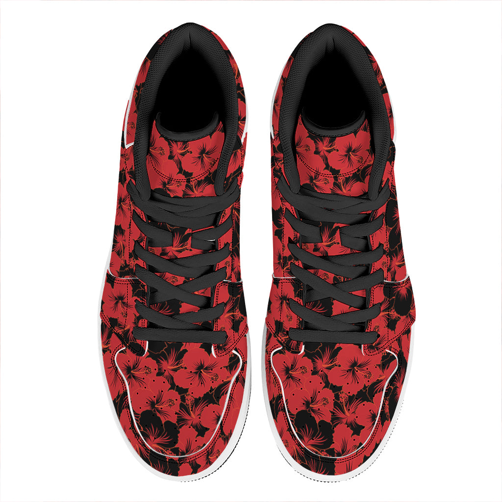 Black And Red Hibiscus Pattern Print High Top Leather Sneakers