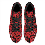 Black And Red Hibiscus Pattern Print High Top Leather Sneakers