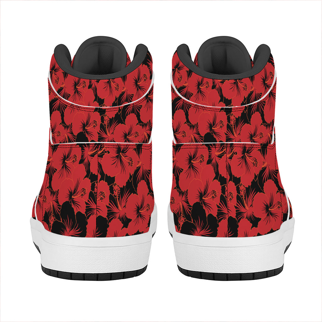 Black And Red Hibiscus Pattern Print High Top Leather Sneakers
