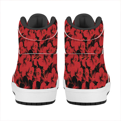 Black And Red Hibiscus Pattern Print High Top Leather Sneakers