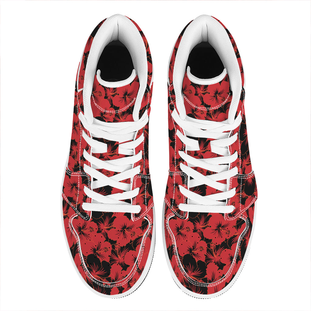 Black And Red Hibiscus Pattern Print High Top Leather Sneakers