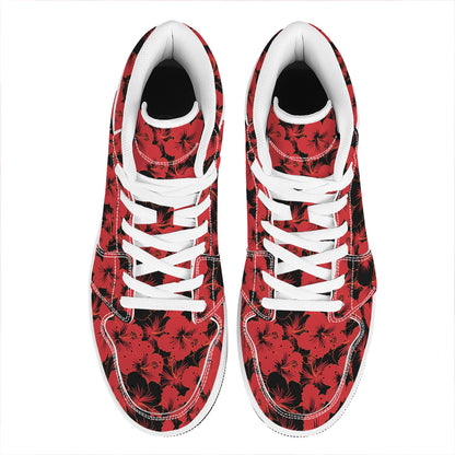 Black And Red Hibiscus Pattern Print High Top Leather Sneakers