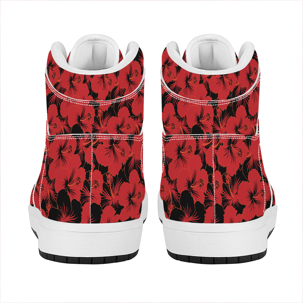 Black And Red Hibiscus Pattern Print High Top Leather Sneakers
