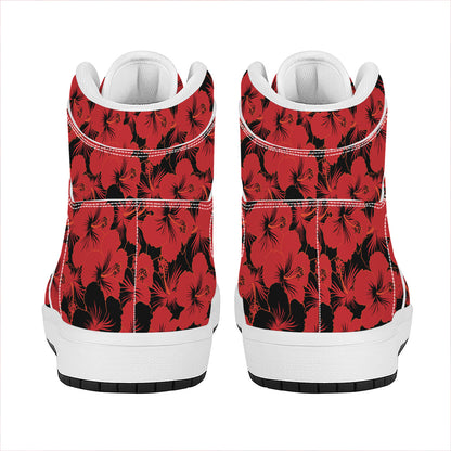 Black And Red Hibiscus Pattern Print High Top Leather Sneakers