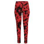 Black And Red Hibiscus Pattern Print High-Waisted Pocket Leggings